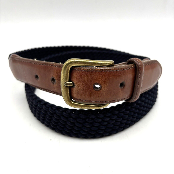 1995 Land's End 37866 Navy Blue Stretch Brown Leather Brass Buckle Belt Men's 38 - Picture 2 of 16